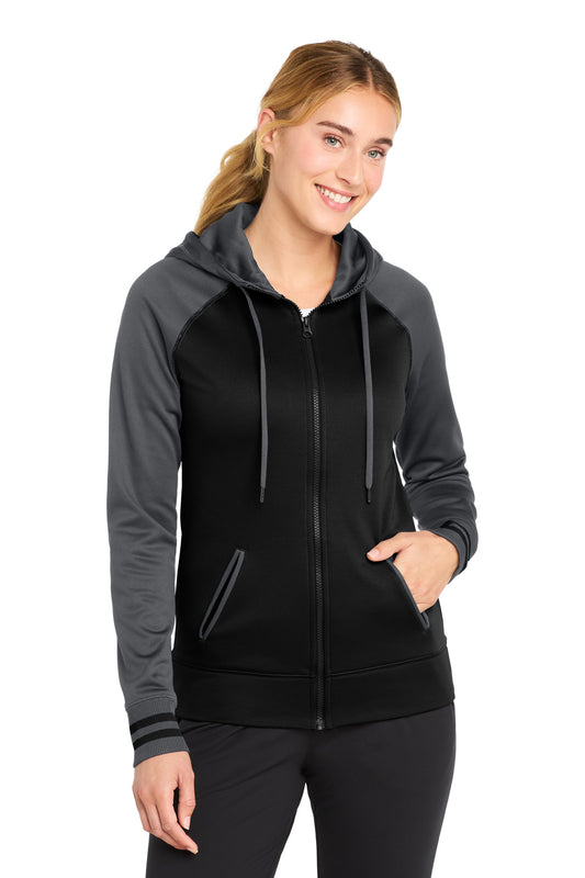 Sport-Tek Women's Sport-Wick Varsity Fleece Full-Zip Hooded Jacket LST236 Black/ Dark Smoke Grey
