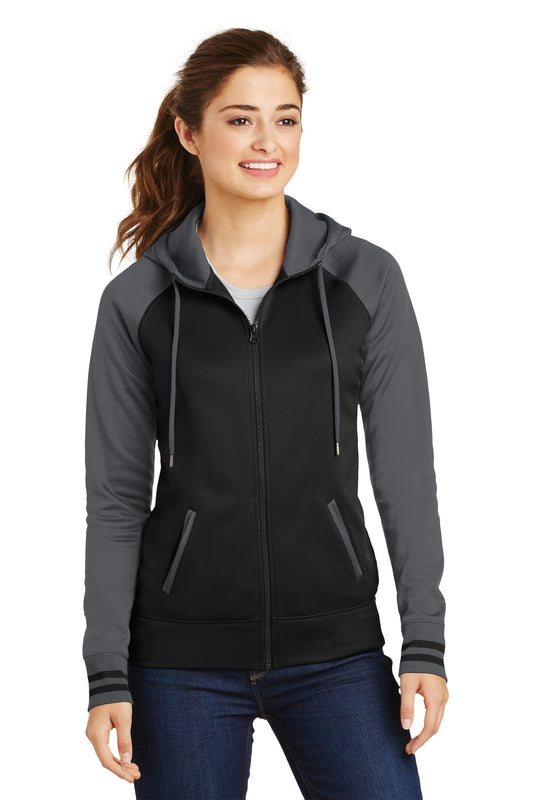 Sport-Tek Women's Sport-Wick Varsity Fleece Full-Zip Hooded Jacket. LST236 Black/ Dark Smoke Grey