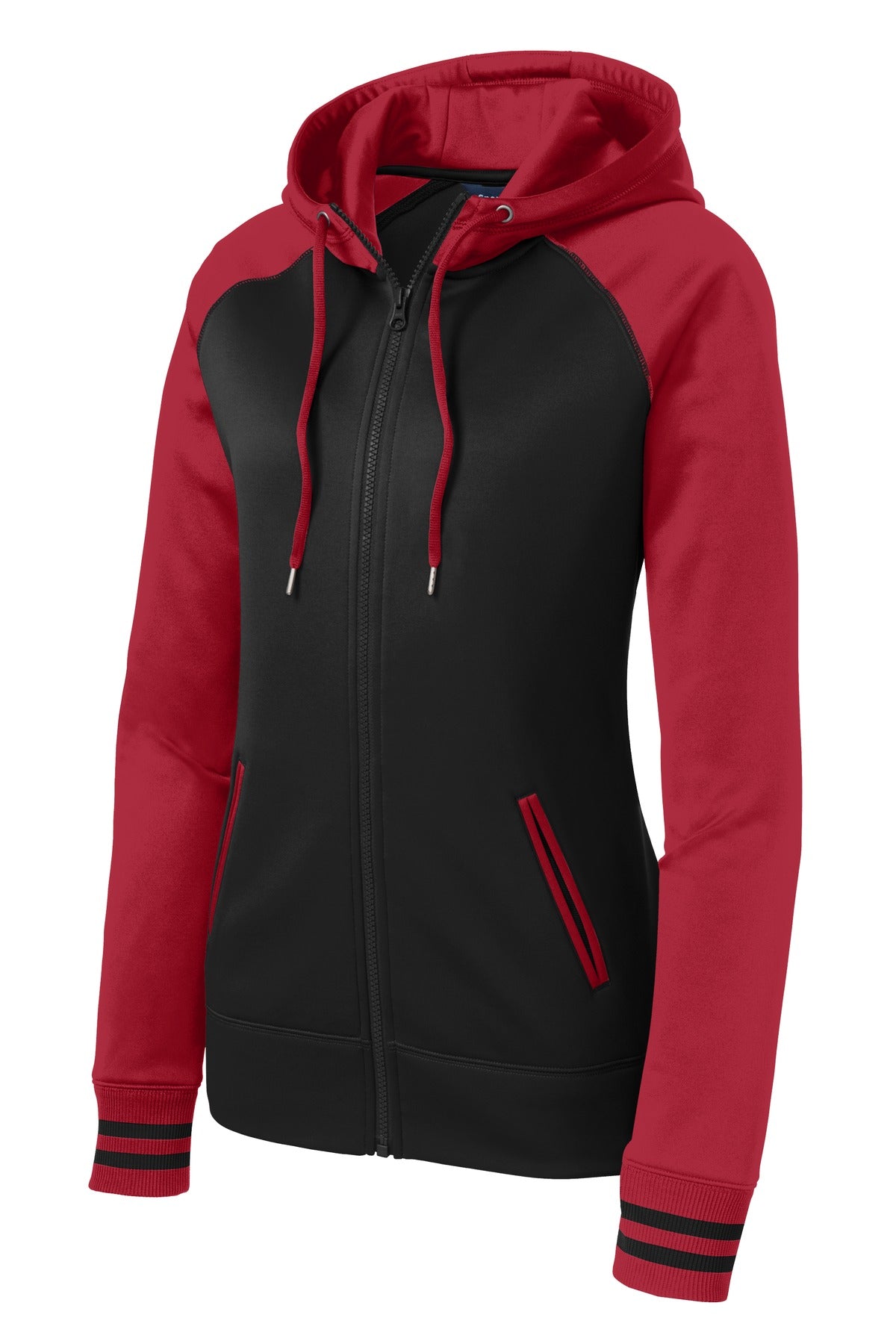 Sport-Tek Women's Sport-Wick Varsity Fleece Full-Zip Hooded Jacket. LST236 Black/ Deep Red