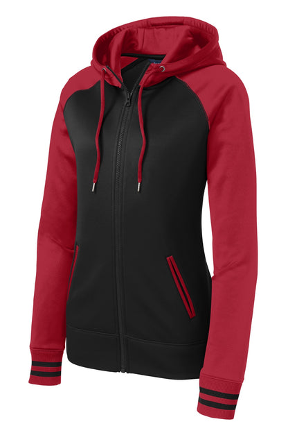Sport-Tek Women's Sport-Wick Varsity Fleece Full-Zip Hooded Jacket. LST236 Black/ Deep Red