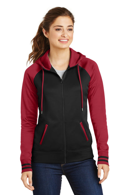 Sport-Tek Women's Sport-Wick Varsity Fleece Full-Zip Hooded Jacket. LST236 Black/ Deep Red