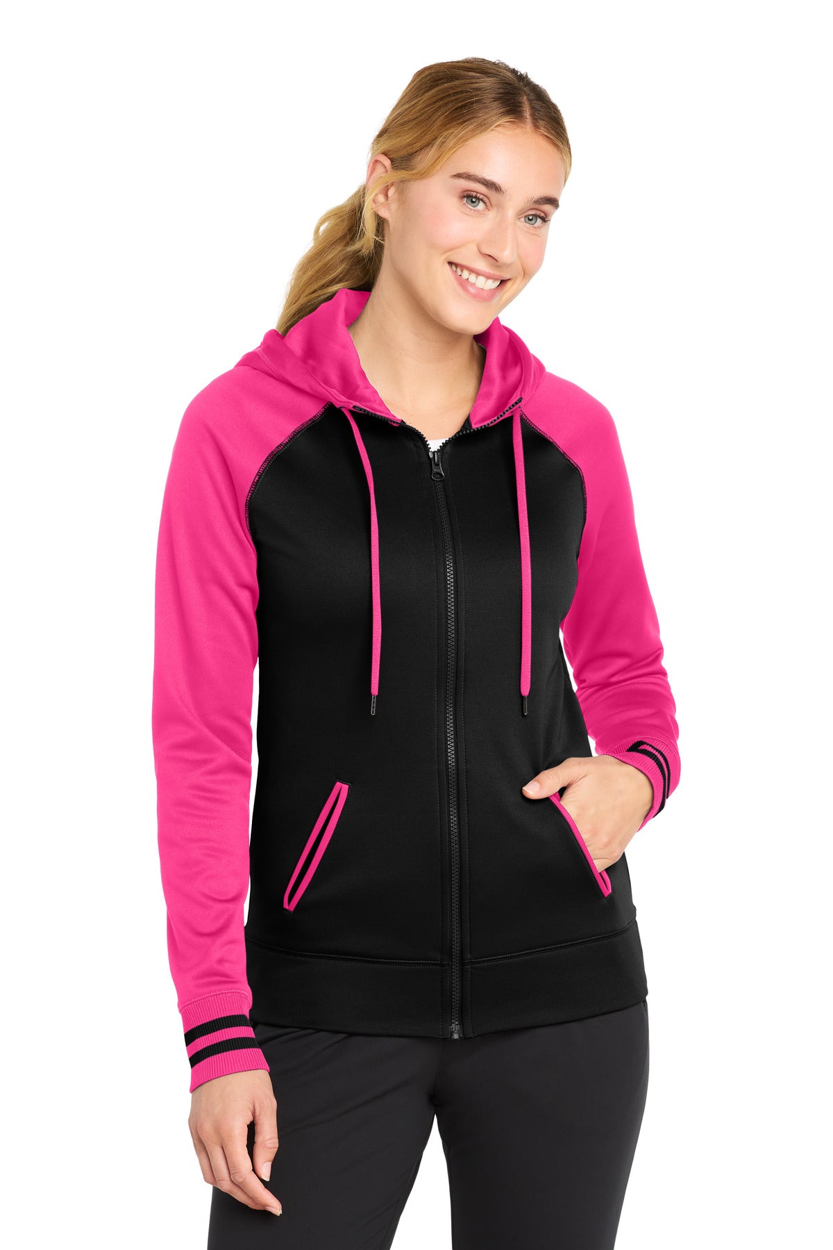 Sport-Tek Women's Sport-Wick Varsity Fleece Full-Zip Hooded Jacket LST236 Black/ Neon Pink