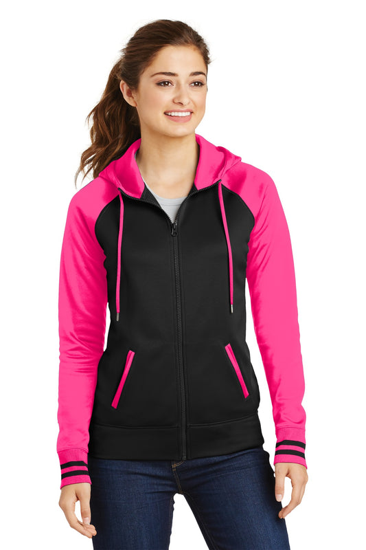 Sport-Tek Women's Sport-Wick Varsity Fleece Full-Zip Hooded Jacket. LST236 Black/ Neon Pink