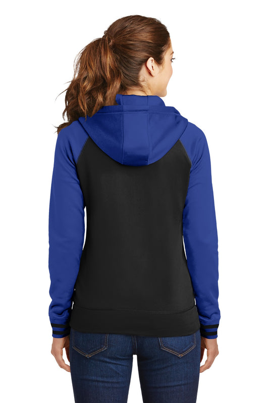Sport-Tek Women's Sport-Wick Varsity Fleece Full-Zip Hooded Jacket. LST236 Black/ True Royal