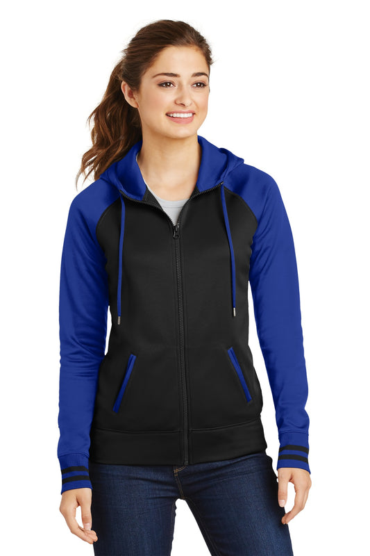 Sport-Tek Women's Sport-Wick Varsity Fleece Full-Zip Hooded Jacket. LST236 Black/ True Royal