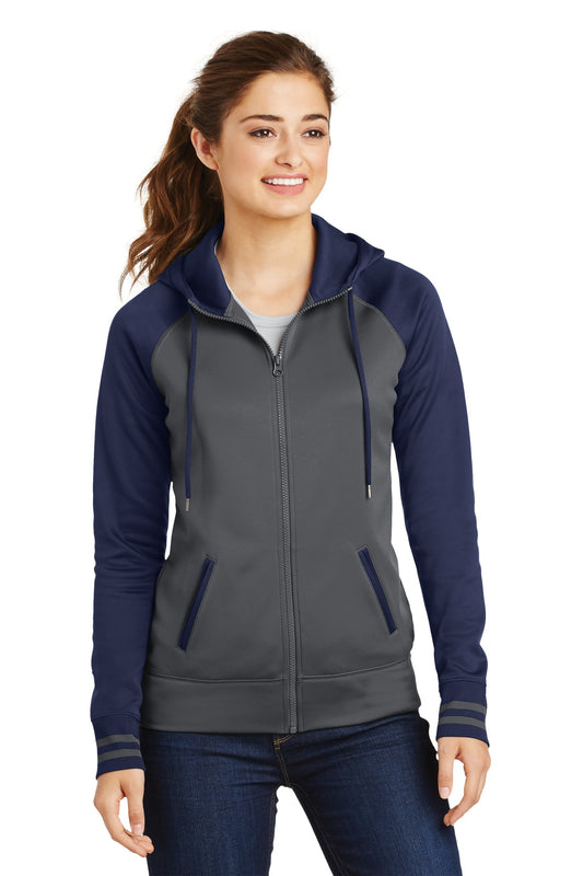 Sport-Tek Women's Sport-Wick Varsity Fleece Full-Zip Hooded Jacket. LST236 Dark Smoke Grey/ Navy