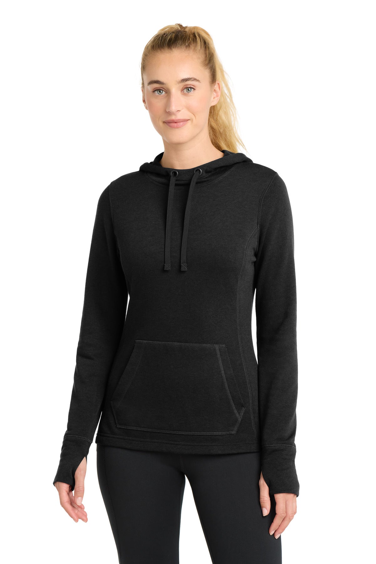Sport-Tek Women's PosiCharge Tri-Blend Wicking Fleece Hooded Pullover LST296 Black Triad Solid