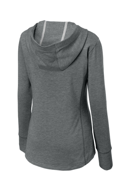 Sport-Tek  Women's PosiCharge  Tri-Blend Wicking Fleece Hooded Pullover. LST296 Dark Grey Heather