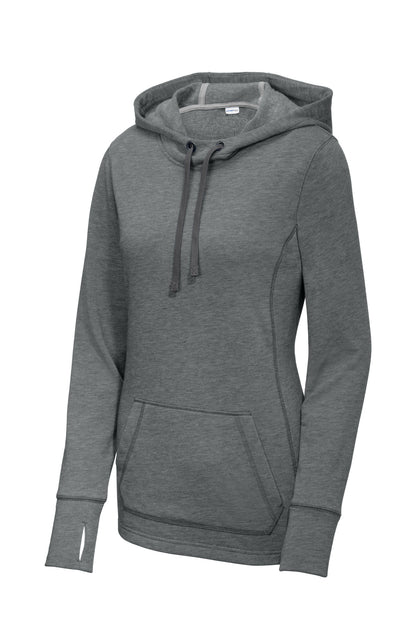 Sport-Tek  Women's PosiCharge  Tri-Blend Wicking Fleece Hooded Pullover. LST296 Dark Grey Heather