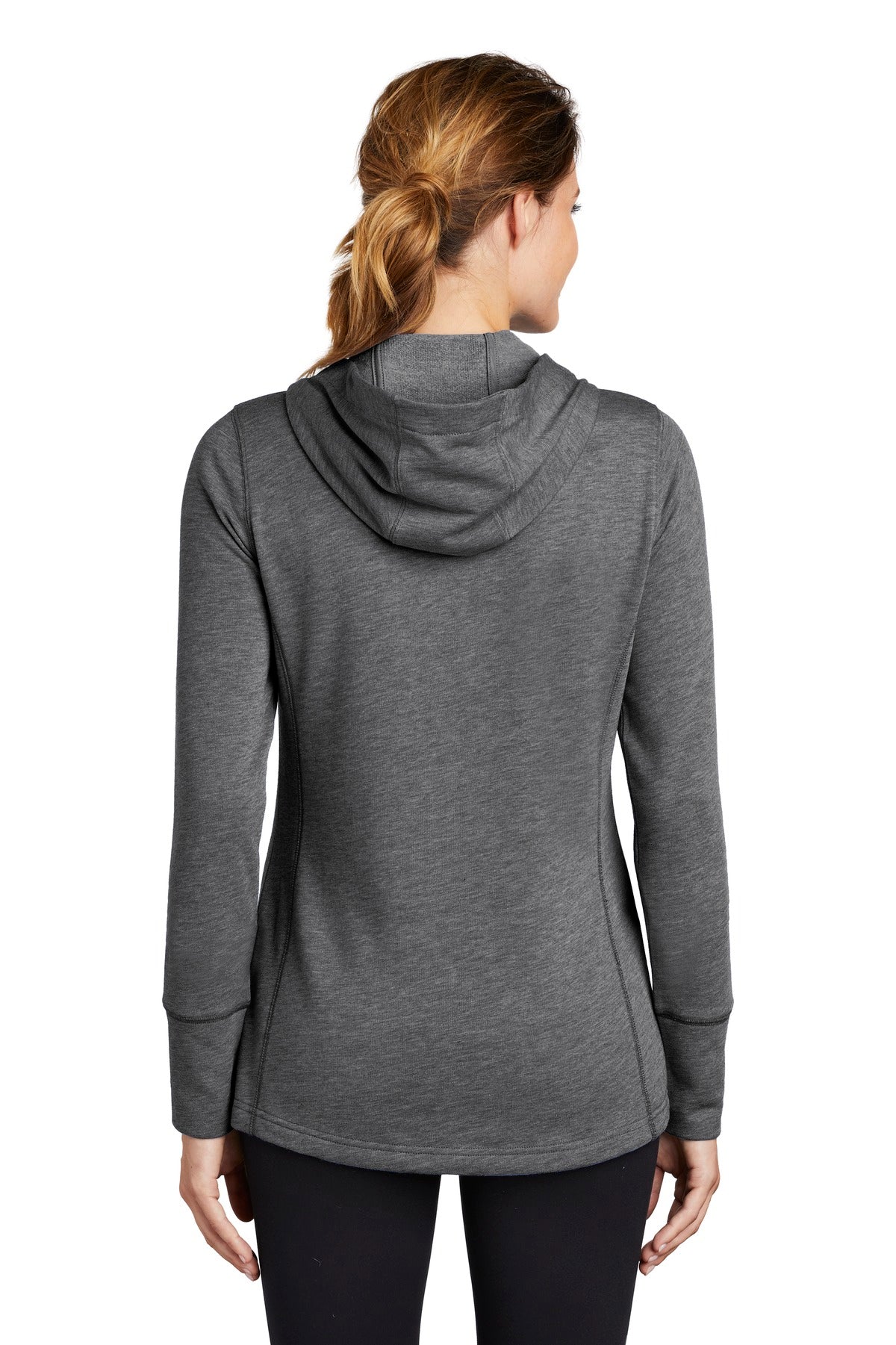 Sport-Tek  Women's PosiCharge  Tri-Blend Wicking Fleece Hooded Pullover. LST296 Dark Grey Heather