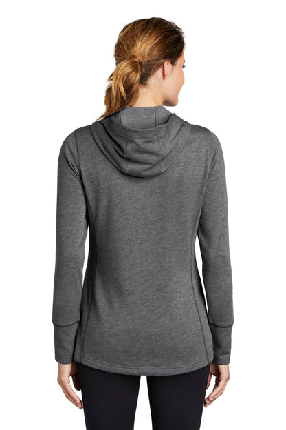 Sport-Tek  Women's PosiCharge  Tri-Blend Wicking Fleece Hooded Pullover. LST296 Dark Grey Heather