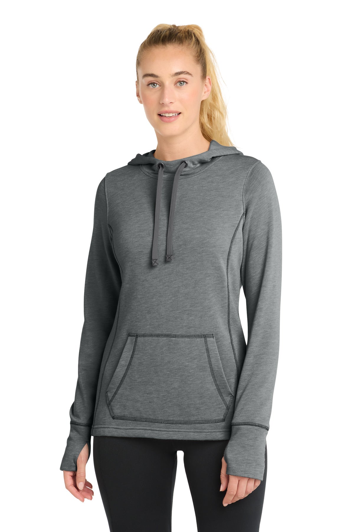 Sport-Tek Women's PosiCharge Tri-Blend Wicking Fleece Hooded Pullover LST296 Dark Grey Heather