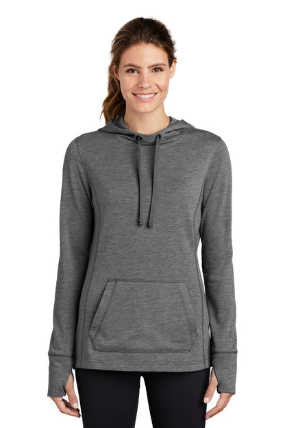 Sport-Tek  Women's PosiCharge  Tri-Blend Wicking Fleece Hooded Pullover. LST296 Dark Grey Heather