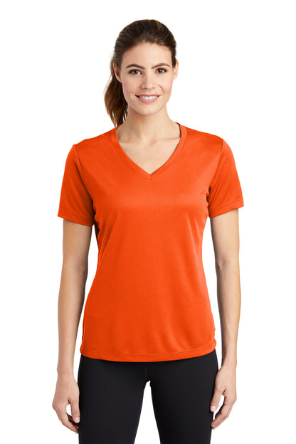Sport-Tek Women's PosiCharge RacerMesh V-Neck Tee. LST340 Neon Orange