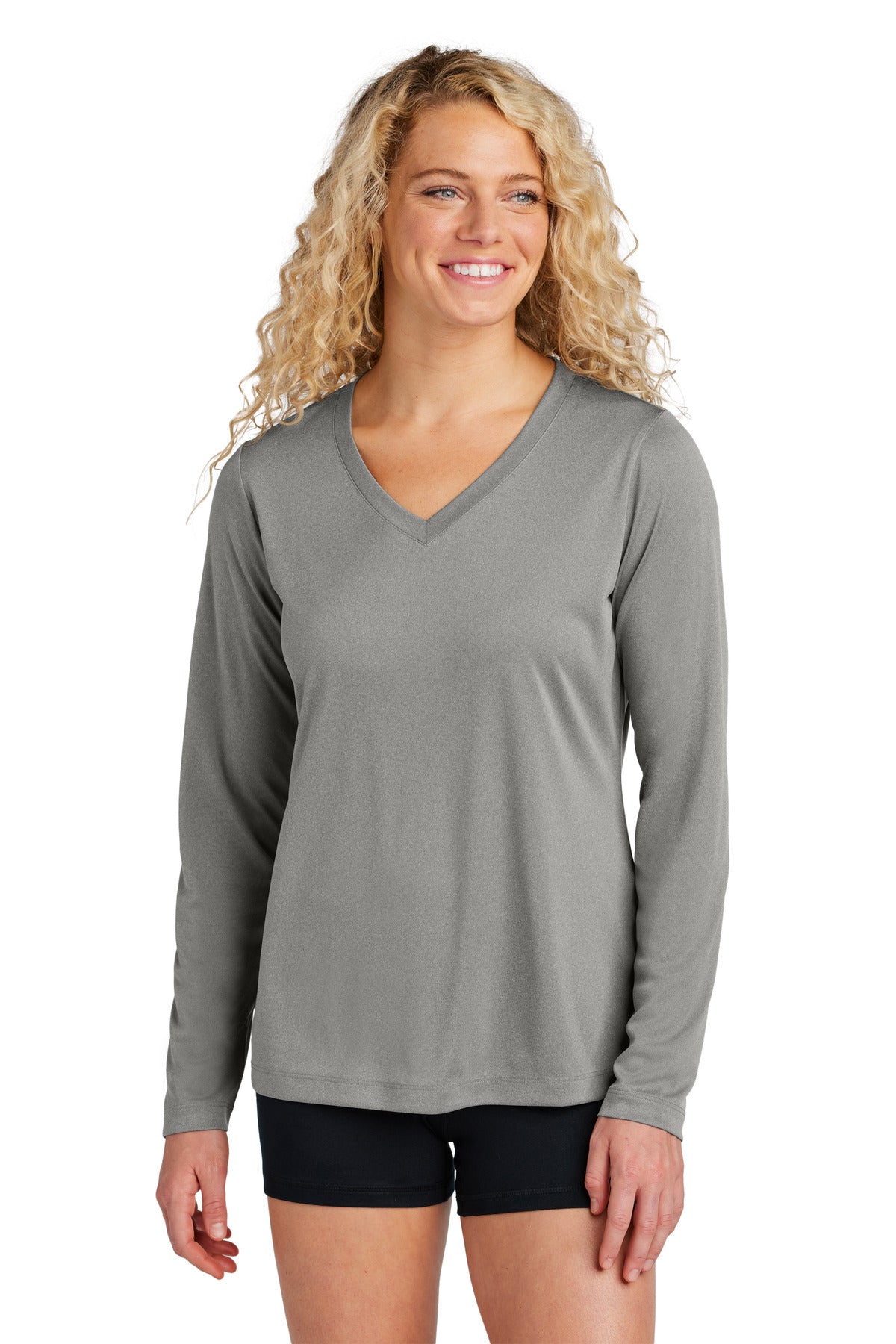 Sport-Tek Women's Long Sleeve PosiCharge Competitor V-Neck Tee. LST353LS Grey Concrete Heather