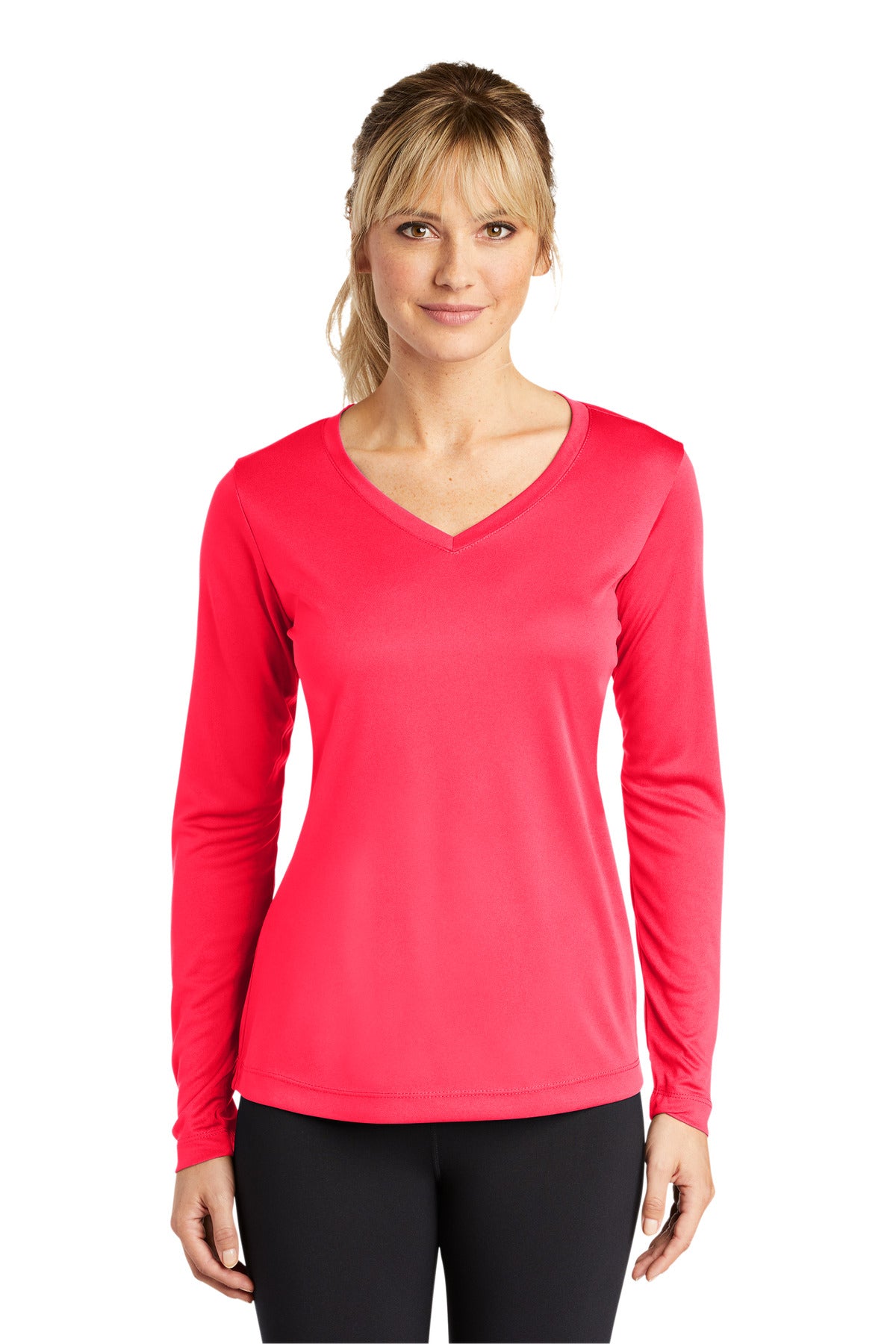 Sport-Tek Women's Long Sleeve PosiCharge Competitor V-Neck Tee. LST353LS Hot Coral