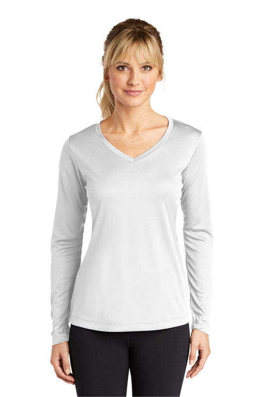 Sport-Tek Women's Long Sleeve PosiCharge Competitor V-Neck Tee. LST353LS White