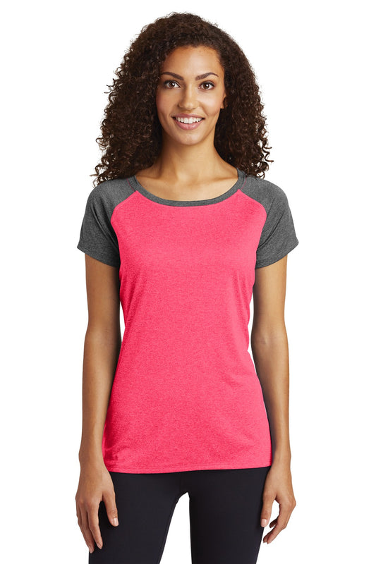 Sport-Tek  Women's Heather-On-Heather Contender  Scoop Neck Tee. LST362 Pink Raspberry Heather/ Graphite Heather