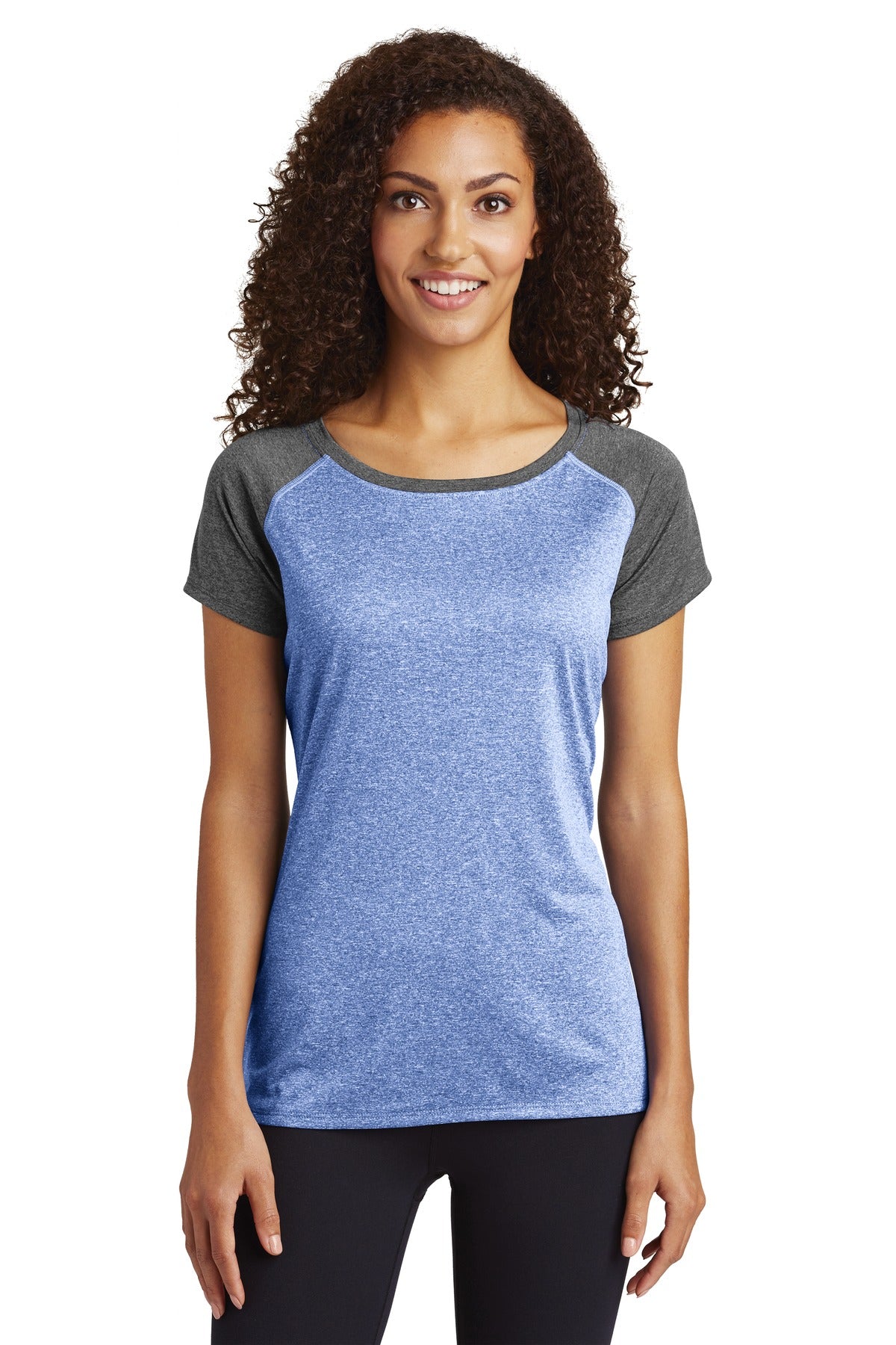 Sport-Tek  Women's Heather-On-Heather Contender  Scoop Neck Tee. LST362 True Royal Heather/ Graphite Heather