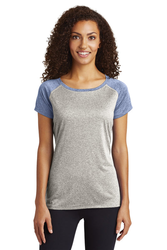 Sport-Tek  Women's Heather-On-Heather Contender  Scoop Neck Tee. LST362 Vintage Heather/ True Navy Heather