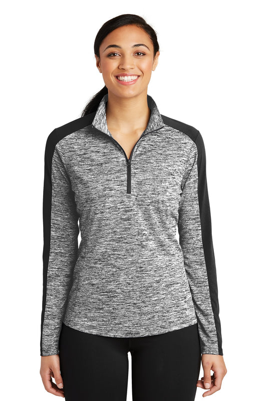 Sport-Tek Women's PosiCharge Electric Heather Colorblock 1/4-Zip Pullover. LST397 Black Electric/ Black