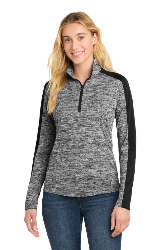 Sport-Tek Women's PosiCharge Electric Heather Colorblock 1/4-Zip Pullover LST397 Black Electric/ Black