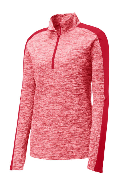 Sport-Tek Women's PosiCharge Electric Heather Colorblock 1/4-Zip Pullover. LST397 Deep Red Electric/ Deep Red