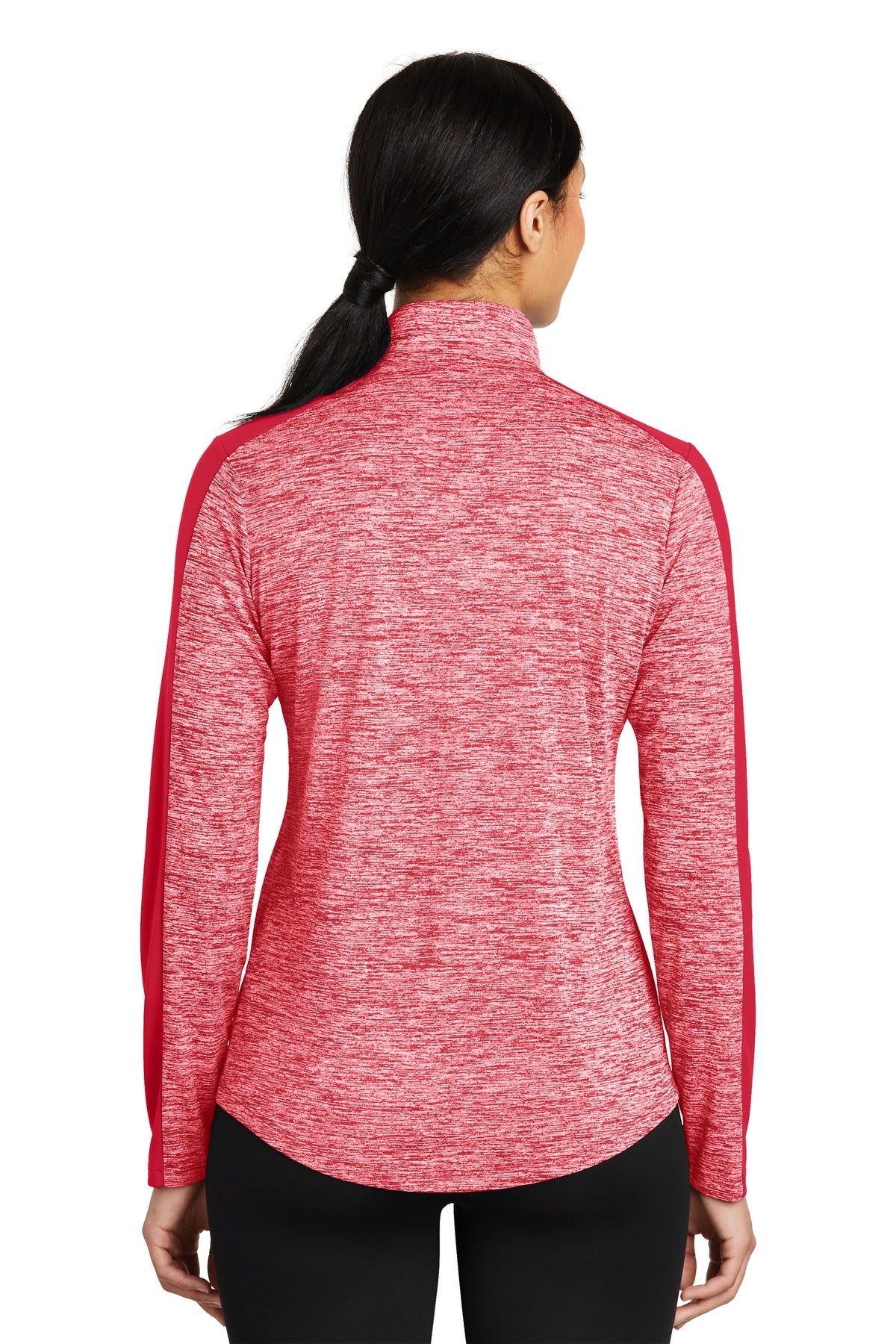 Sport-Tek Women's PosiCharge Electric Heather Colorblock 1/4-Zip Pullover. LST397 Deep Red Electric/ Deep Red