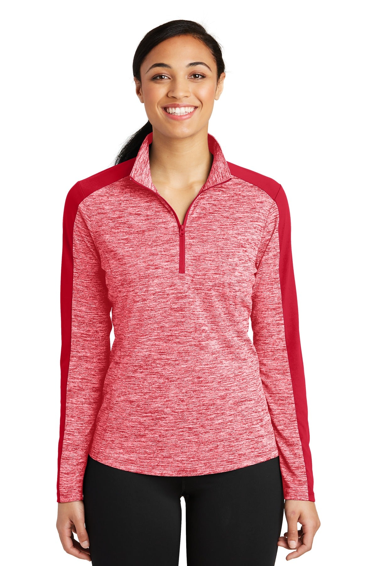 Sport-Tek Women's PosiCharge Electric Heather Colorblock 1/4-Zip Pullover. LST397 Deep Red Electric/ Deep Red