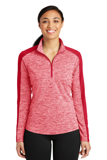 Sport-Tek Women's PosiCharge Electric Heather Colorblock 1/4-Zip Pullover. LST397 Deep Red Electric/ Deep Red