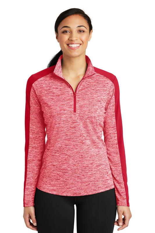 Sport-Tek Women's PosiCharge Electric Heather Colorblock 1/4-Zip Pullover. LST397 Deep Red Electric/ Deep Red