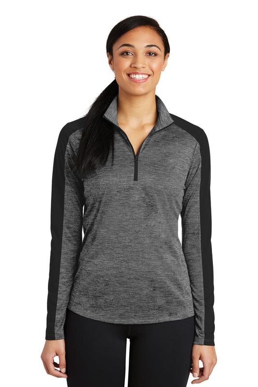 Sport-Tek Women's PosiCharge Electric Heather Colorblock 1/4-Zip Pullover. LST397 Grey-Black Electric/ Black