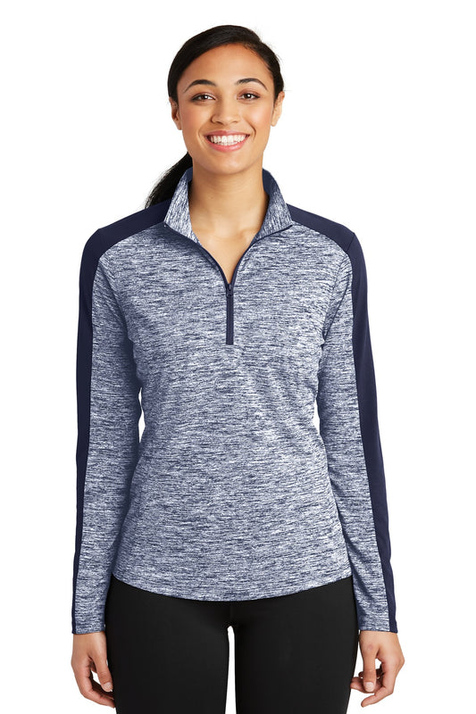 Sport-Tek Women's PosiCharge Electric Heather Colorblock 1/4-Zip Pullover. LST397 True Navy Electric/ True Navy