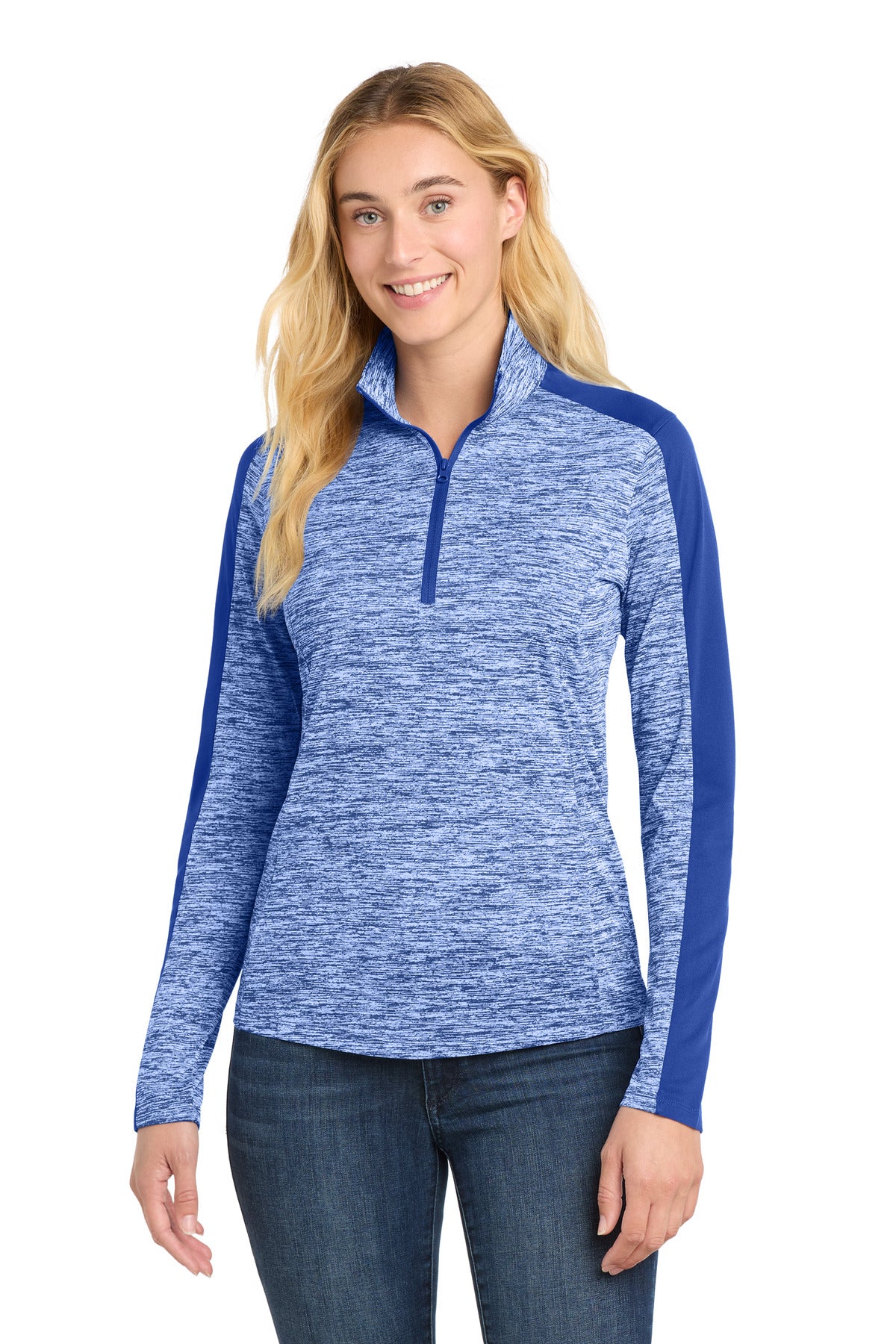 Sport-Tek Women's PosiCharge Electric Heather Colorblock 1/4-Zip Pullover LST397 True Royal Electric/ True Royal