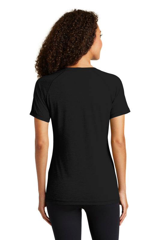 Sport-Tek  Women's PosiCharge  Tri-Blend Wicking Scoop Neck Raglan Tee. LST400 Black Triad Solid