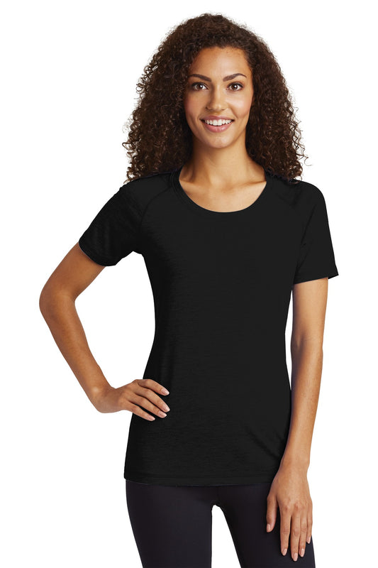Sport-Tek  Women's PosiCharge  Tri-Blend Wicking Scoop Neck Raglan Tee. LST400 Black Triad Solid