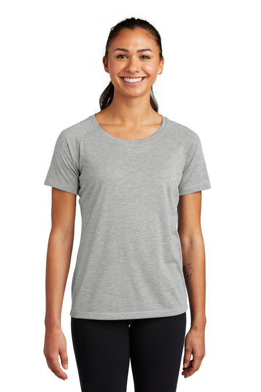 Sport-Tek  Women's PosiCharge  Tri-Blend Wicking Scoop Neck Raglan Tee. LST400 Light Grey Heather