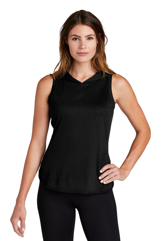 Sport-Tek  Women's PosiCharge  Tri-Blend Wicking Draft Hoodie Tank. LST410 Black/ Black Triad Solid