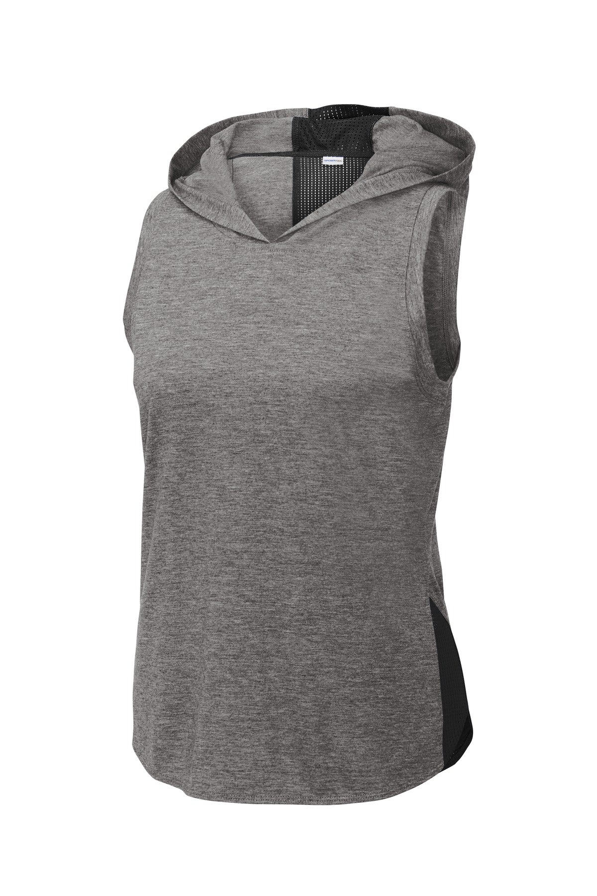 Sport-Tek  Women's PosiCharge  Tri-Blend Wicking Draft Hoodie Tank. LST410 Black/ Dark Grey Heather