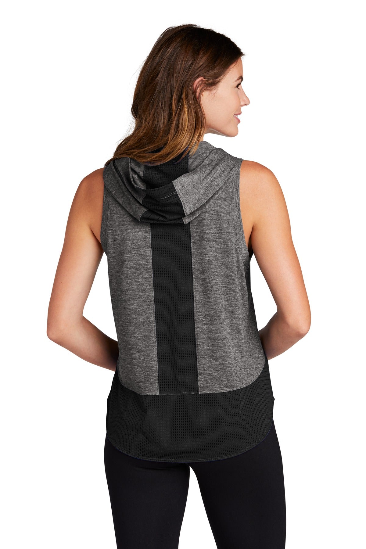 Sport-Tek  Women's PosiCharge  Tri-Blend Wicking Draft Hoodie Tank. LST410 Black/ Dark Grey Heather
