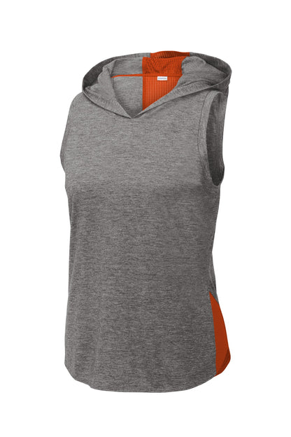 Sport-Tek  Women's PosiCharge  Tri-Blend Wicking Draft Hoodie Tank. LST410 Deep Orange/ Dark Grey Heather