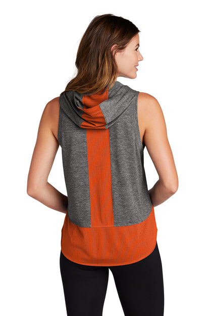 Sport-Tek  Women's PosiCharge  Tri-Blend Wicking Draft Hoodie Tank. LST410 Deep Orange/ Dark Grey Heather
