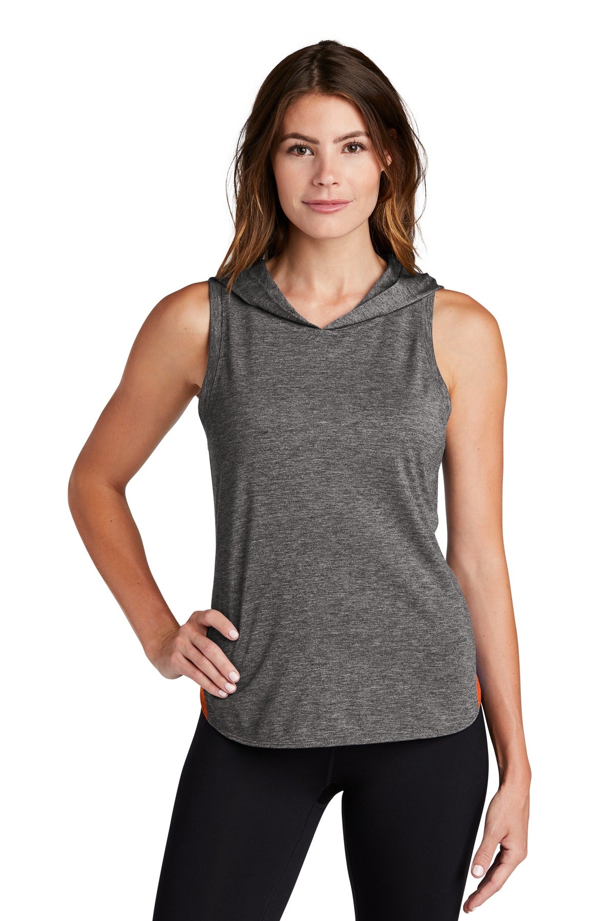 Sport-Tek  Women's PosiCharge  Tri-Blend Wicking Draft Hoodie Tank. LST410 Deep Orange/ Dark Grey Heather