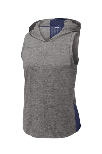 Sport-Tek  Women's PosiCharge  Tri-Blend Wicking Draft Hoodie Tank. LST410 True Navy/ Dark Grey Heather