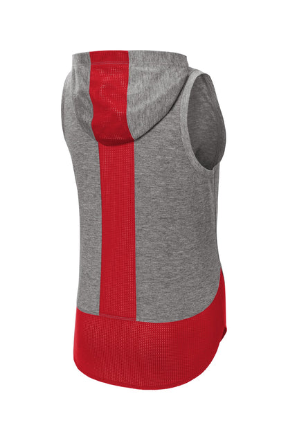 Sport-Tek  Women's PosiCharge  Tri-Blend Wicking Draft Hoodie Tank. LST410 True Red/ Dark Grey Heather