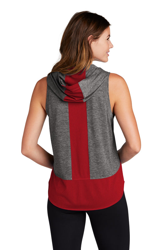 Sport-Tek Women's PosiCharge Tri-Blend Wicking Draft Hoodie Tank. LST410 True Red/ Dark Grey Heather