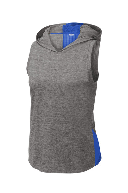Sport-Tek  Women's PosiCharge  Tri-Blend Wicking Draft Hoodie Tank. LST410 True Royal/ Dark Grey Heather