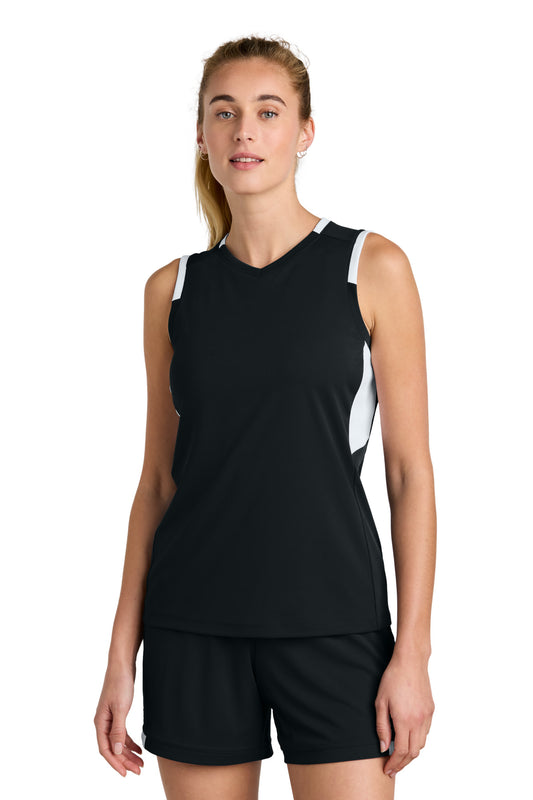 Sport-Tek Women's Club Sleeveless V-Neck LST441 Black/ White