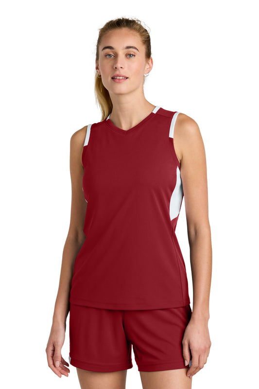 Sport-Tek Women's Club Sleeveless V-Neck LST441 Deep Red/ White