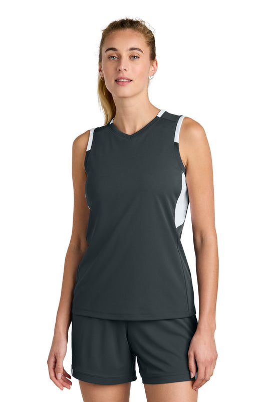 Sport-Tek Women's Club Sleeveless V-Neck LST441 Iron Grey/ White